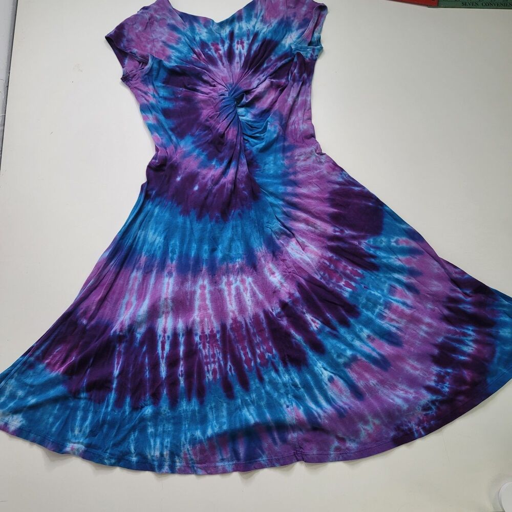 Dharma Trading Co Tie Dye Dress Cotton Blue Purple Fit Flare USA